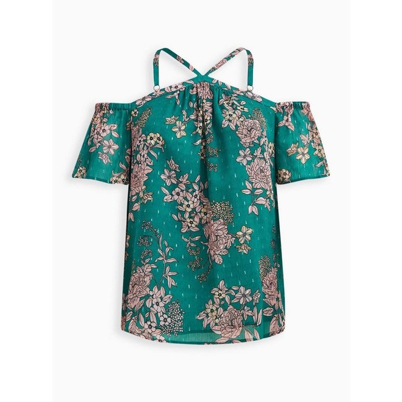 NWT! Torrid Cold Shoulder Halter Top Crinkle Chiffon Floral Green Plus Size 5x - Picture 3 of 5